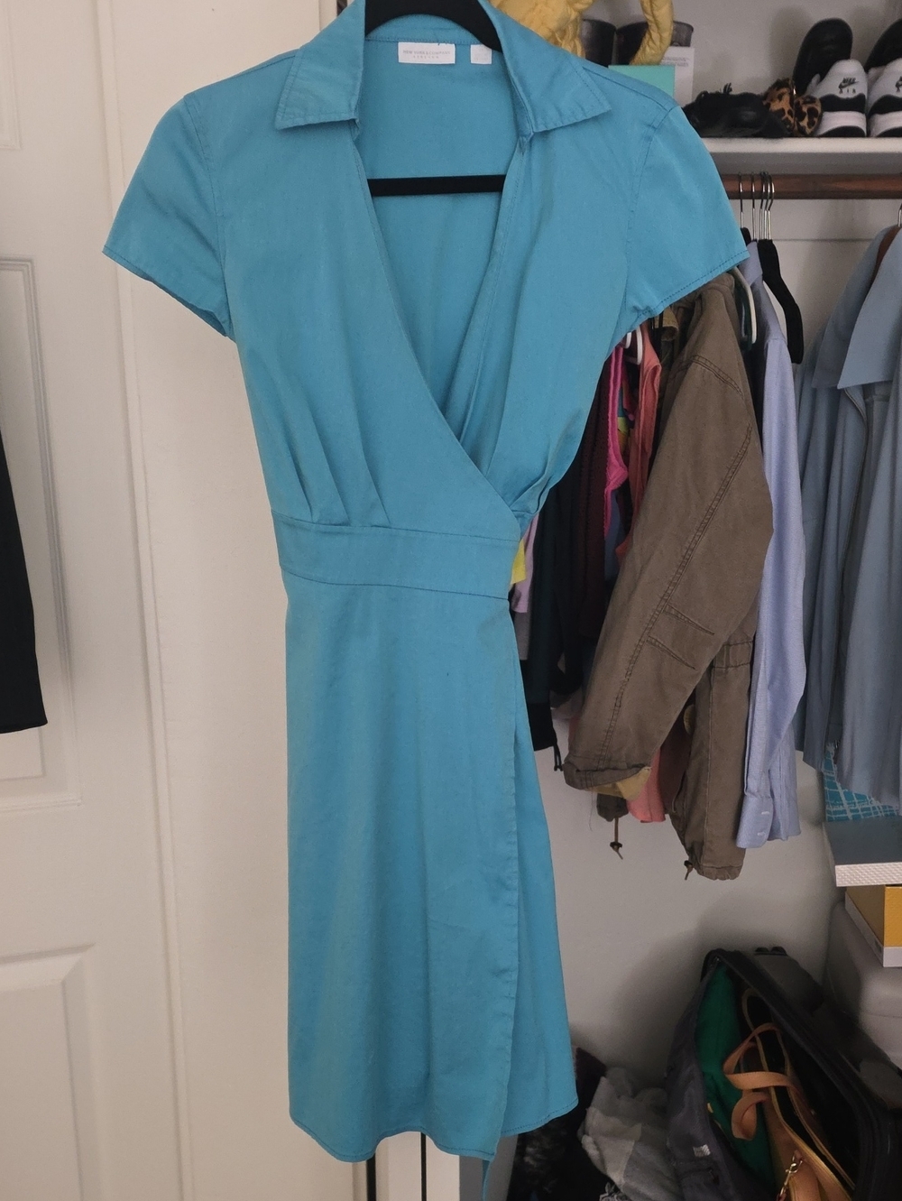 New York & Company Turquoise Short-Sleeve Wrap Midi Dress